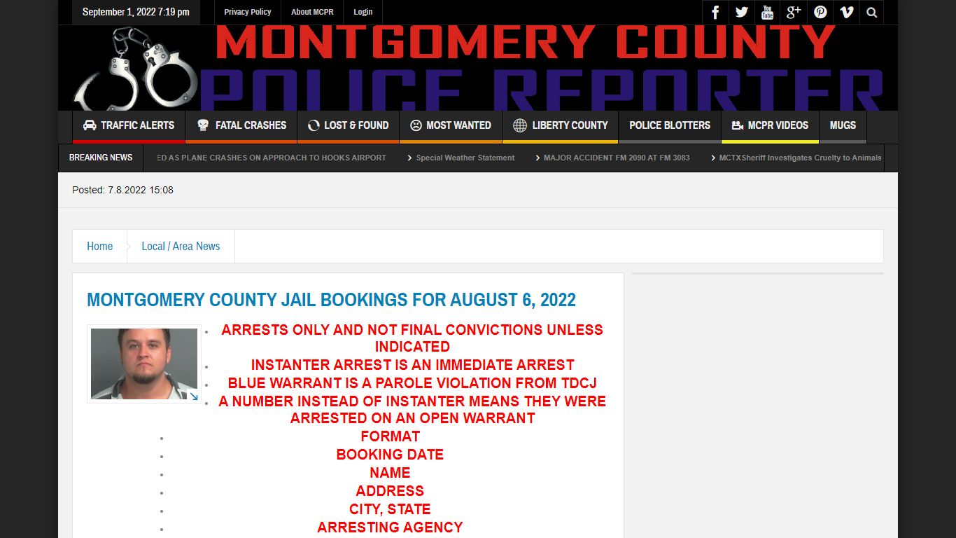 MONTGOMERY COUNTY JAIL BOOKINGS FOR AUGUST 6, 2022